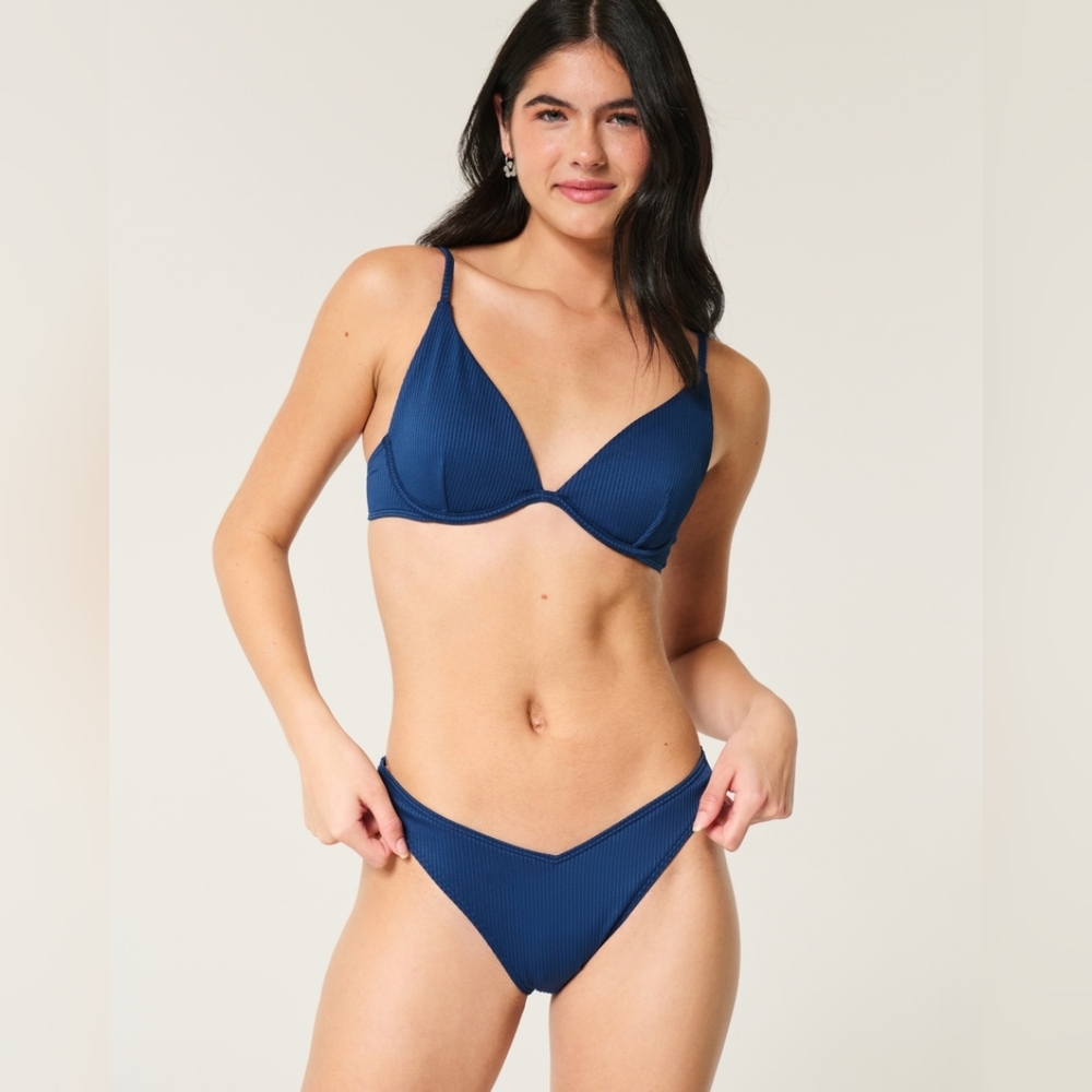 Hollister Ribbed Navy Blue V-Waist Bikini Set